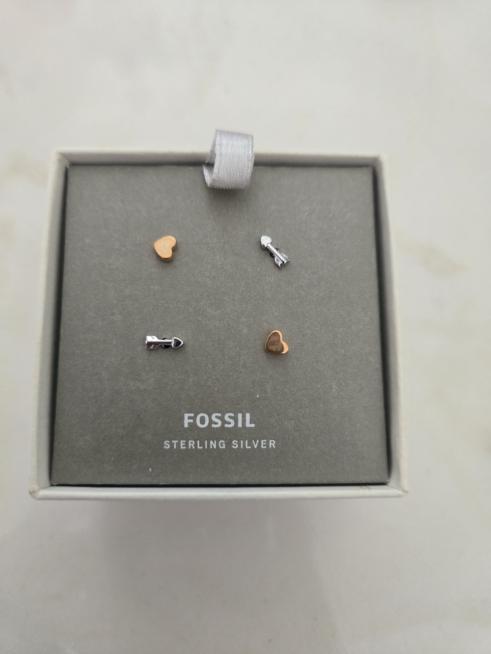 NIB New Fossil Heart and Arrow Stud Earring Set - Rose Gold & Silver